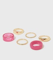 New Look 6 Pack Bright Pink Resin and Gold Rings